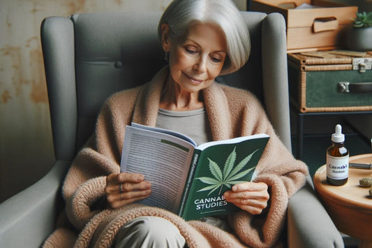 Ældre kvinde holder en bog om cannabis