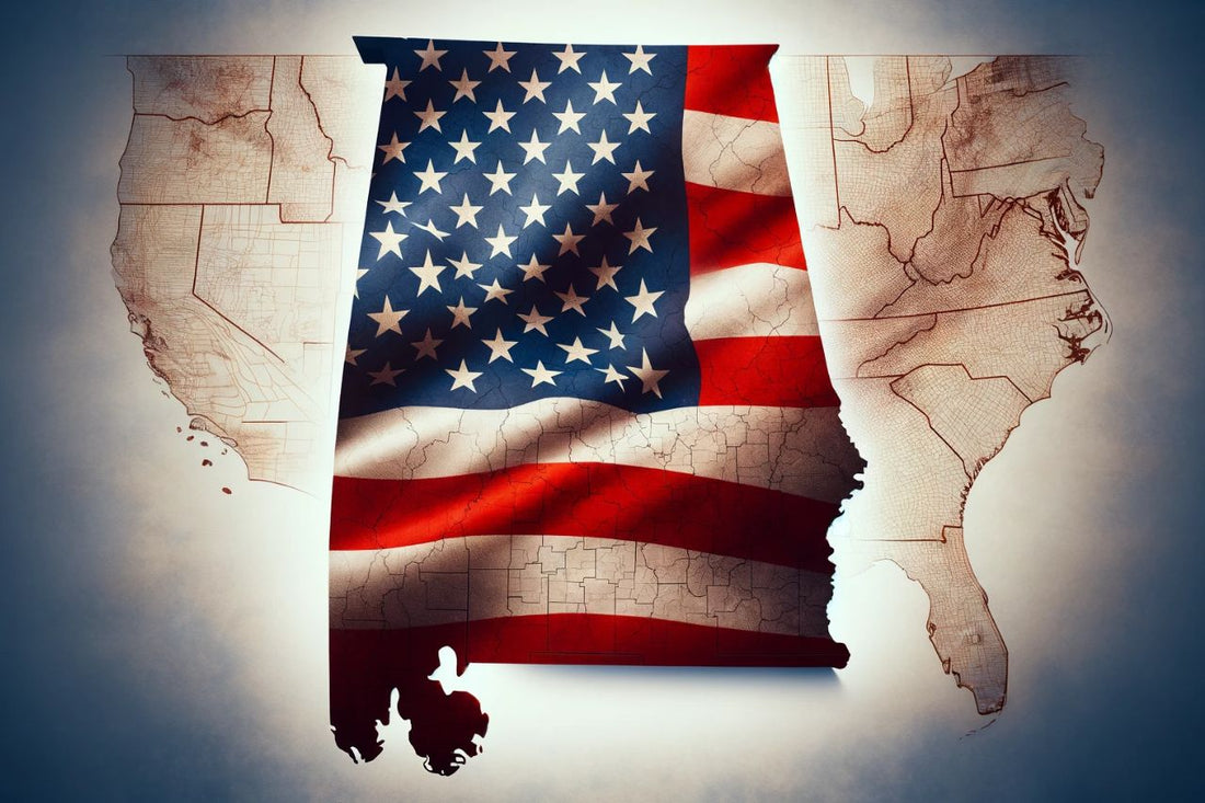 Kort over Alabama og USA's flag