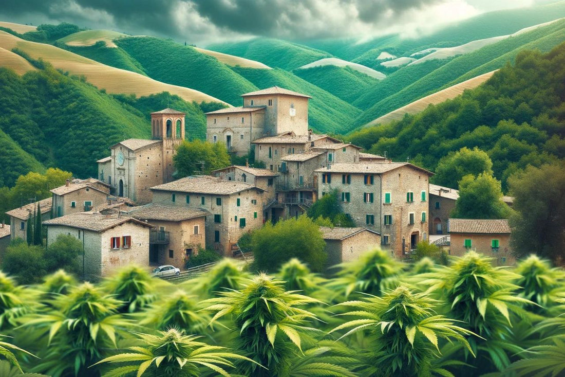 Italiensk landsby med cannabisplanter