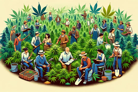 En gruppe mennesker i en cannabismark