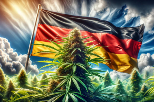 Cannabisplante foran et vajende tysk flag