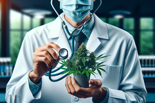 En læge holder en cannabisplante