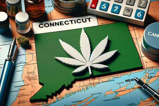 Cannabis-skilt og et kort over Connecticut