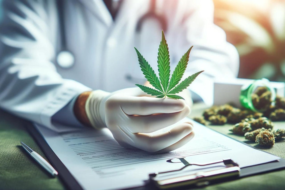 Læge med et cannabisblad i hånden