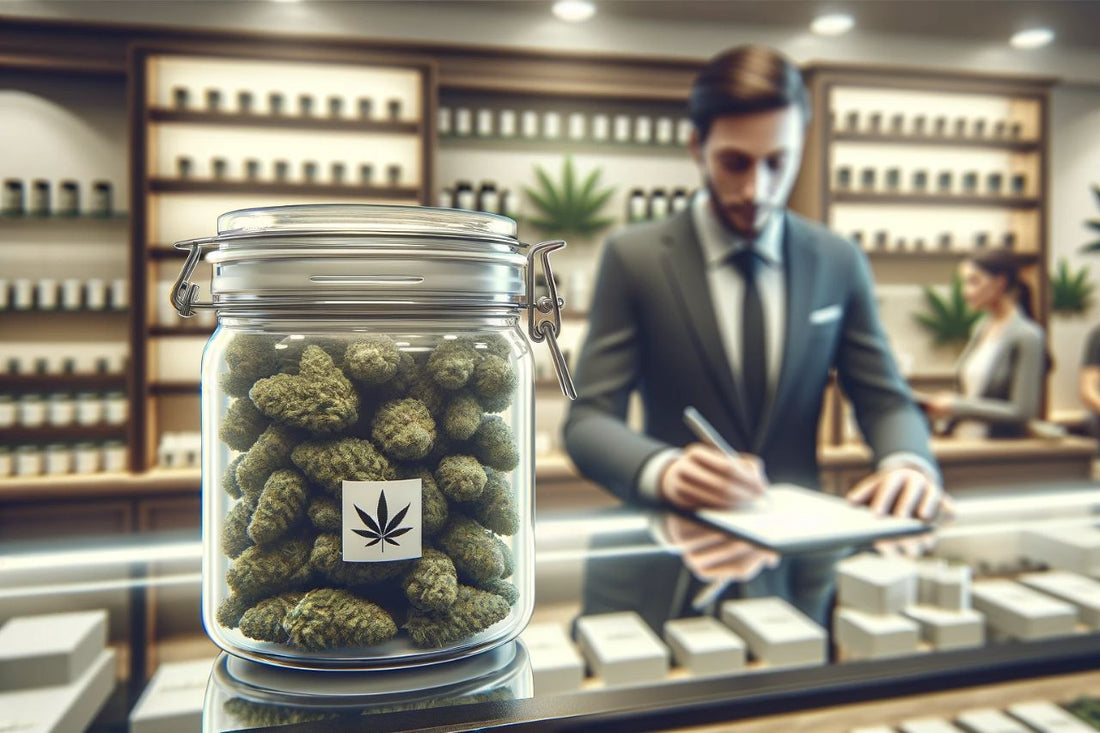En krukke med cannabis på et apotek