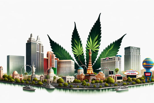 Nevadas skyline med cannabisblad i baggrunden