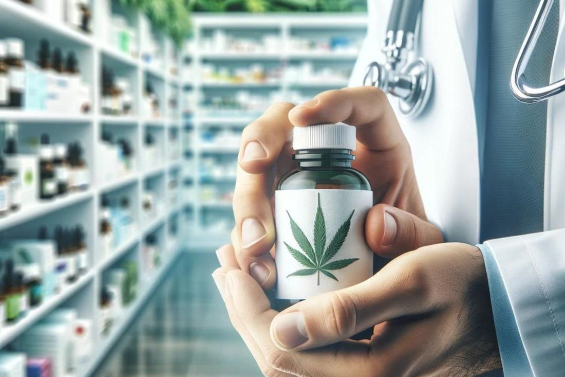 En læge med en flaske cannabisolie i hånden
