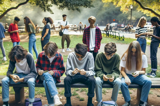 Gruppe af teenagere sidder på en bænk