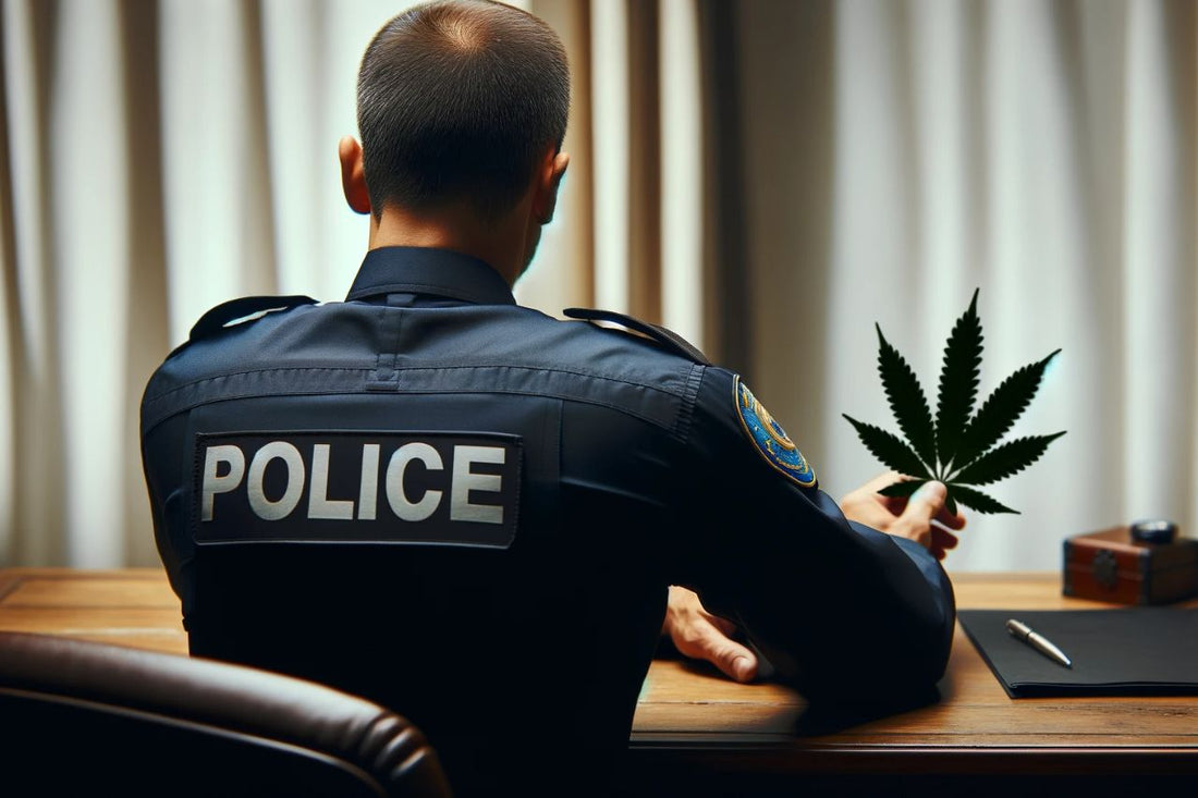 Politibetjent med et cannabisblad i hånden
