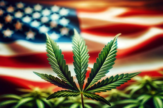 Cannabisblad foran USA's flag