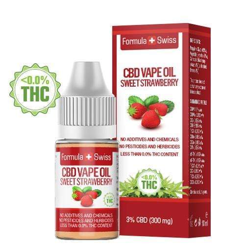 Flaske og æske med Formula Swiss CBD vape olie med jordbæraroma, 10 ml, 0 % THC