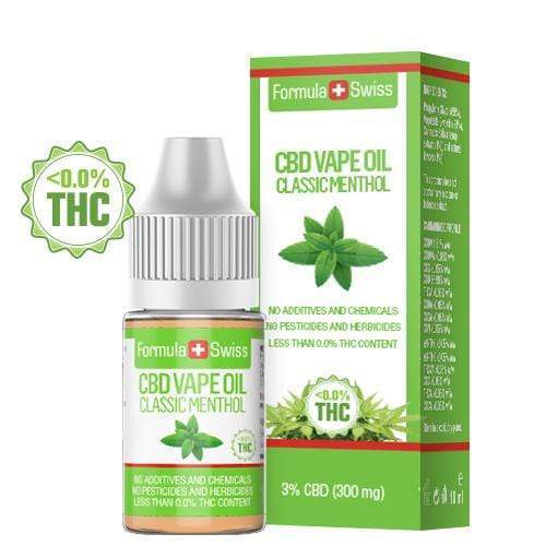 Flaske og æske med Formula Swiss CBD vape olie med mentolaroma, 10 ml, 0 % THC