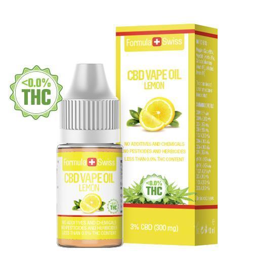 Flaske og æske med Formula Swiss CBD vape olie med citronaroma, 10 ml, 0 % THC