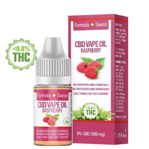 Flaske og æske med Formula Swiss CBD vape olie med hindbæraroma, 10 ml, 0 % THC
