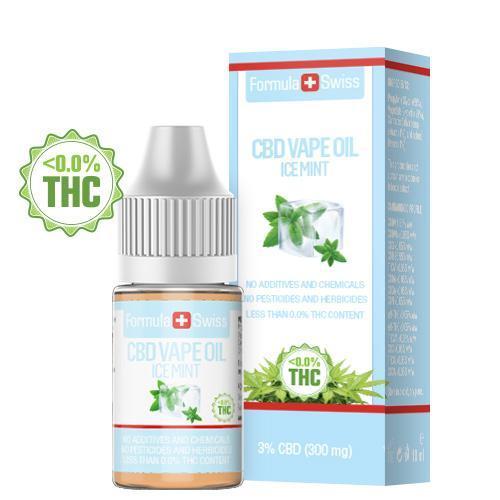 Flaske og æske med Formula Swiss CBD vape olie med myntearoma, 10 ml, 0 % THC
