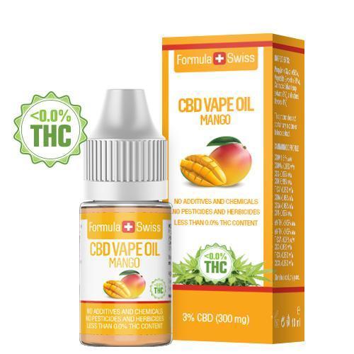 Flaske og æske med Formula Swiss CBD vape olie med mangoaroma, 10 ml, 0 % THC