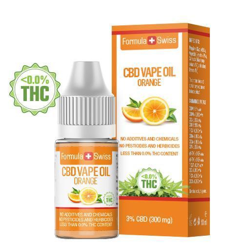 Flaske og æske med Formula Swiss CBD vape olie med appelsinaroma, 10 ml, 0 % THC