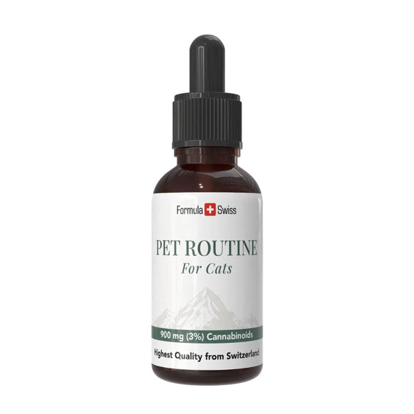 Flaske med Pet Routine til katte med Formula Swiss-logo på hvid baggrund