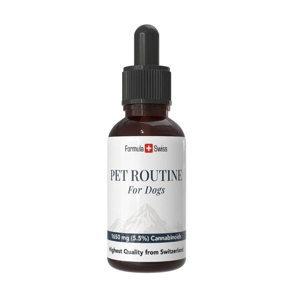 Flaske med Pet Routine til hunde med hvid etiket på hvid baggrund