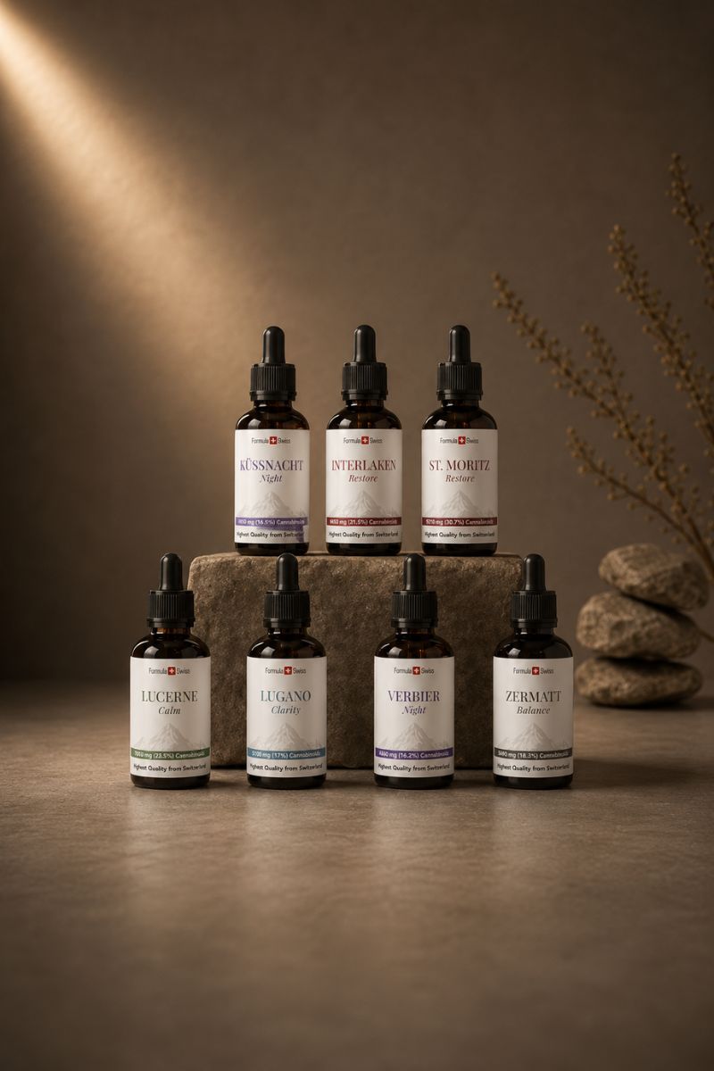 Formula Swiss CBD olie-kollektion med syv ravfarvede pipetteflasker arrangeret på sten i eksklusive studioomgivelser.