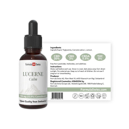 Flaske med Lucerne Calm og etiket på hvid baggrund