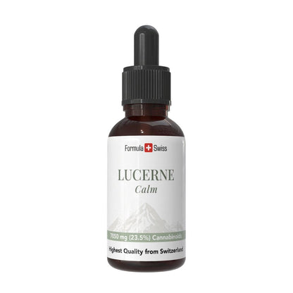 Flaske med Lucerne Calm og Formula Swiss-branding på hvid baggrund