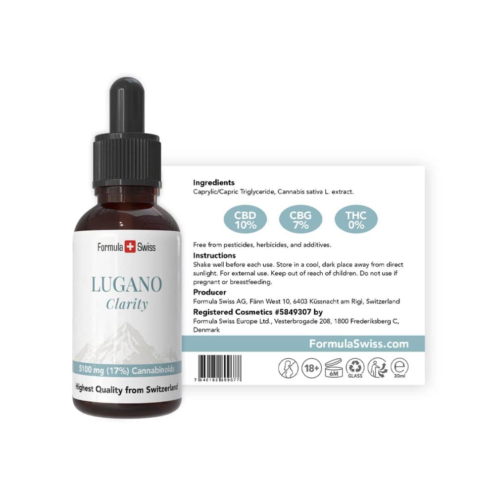 CBD-pipetteflaske med etiketten 'Lugano Clarity' fra Formula Swiss på hvid baggrund.