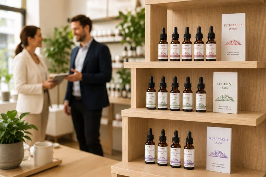 Formula Swiss cannabinoidolieprodukter præsenteret i et butiksmiljø, mens to forretningsfolk drøfter et partnerskab.