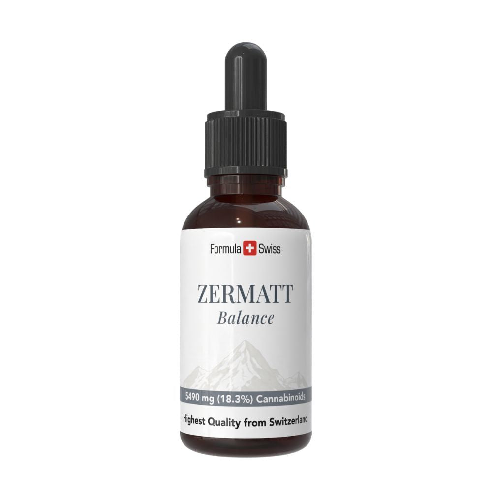 Flaske med Zermatt CBD olie og Formula Swiss-branding på hvid baggrund