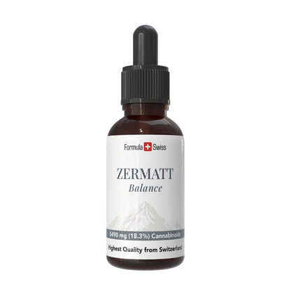 Flaske med Zermatt CBD olie og Formula Swiss-branding på hvid baggrund