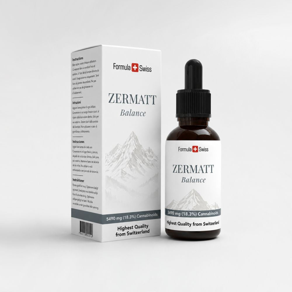 Emballage til cannabisproduktet Zermatt Balance med flaske og æske på lysegrå baggrund